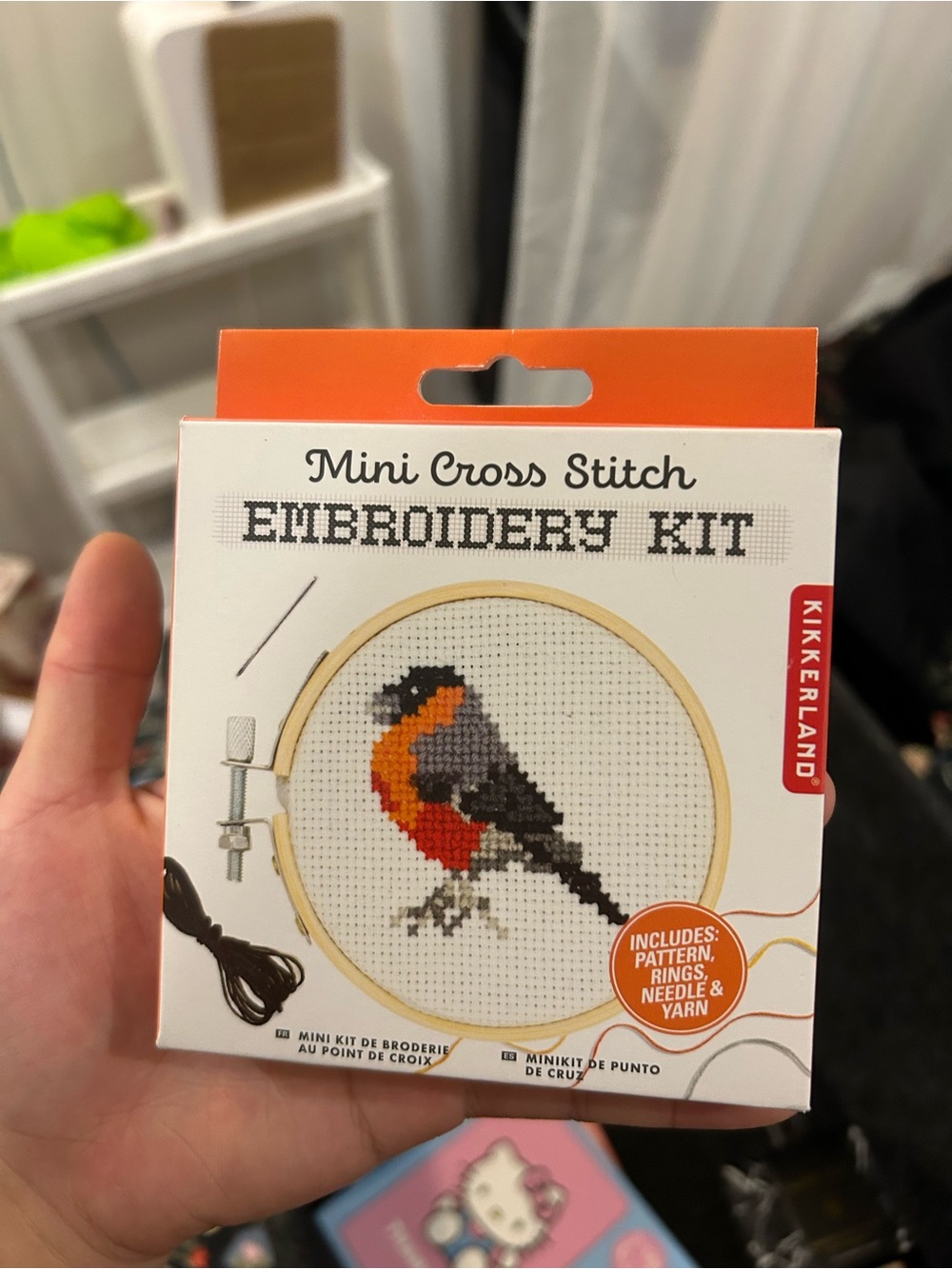 Kikkerland Mini Cross Stitch Kit – Orange, Gray & Black Bird